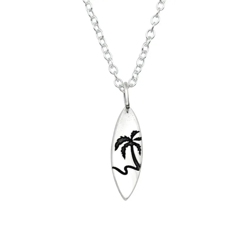 Sterling Silver Dainty Palm Tree And Surf Pendant Necklace - Ag Sterling - White sold by Zulily