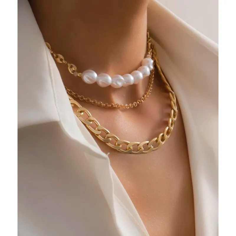 Goldtone Layered Omega And Pearl Chain Necklace Set - White sold by Zulily