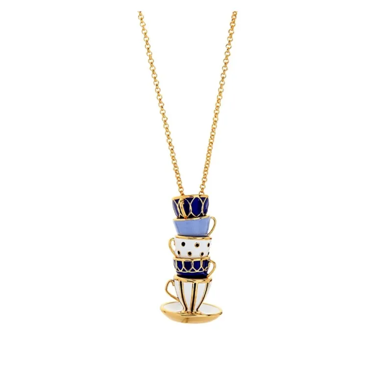Goldtone Blue White Stacked Teacups Pendant Necklace sold by Zulily