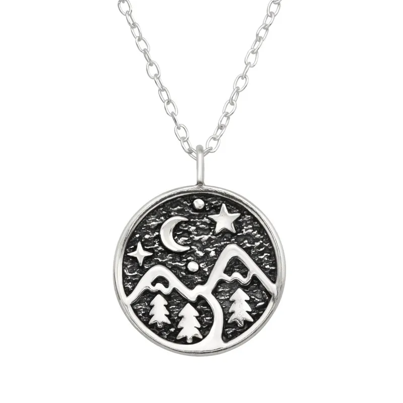 Sterling Silver Oxidized Moon Mountain Round Pendant Necklace - Ag Sterling - White sold by Zulily