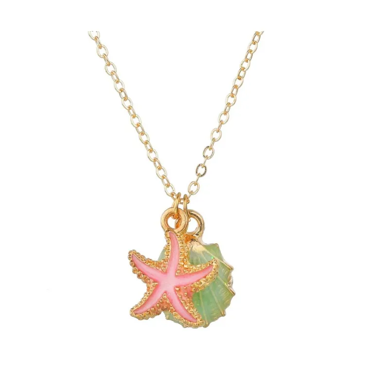 Goldtone Pink Starfish & Green Sea Shell Pendant Necklace - White sold by Zulily
