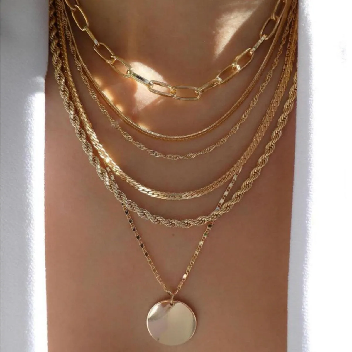 Multi Layered Gold Chain Necklace Set With Disk Pendant - White sold by Zulily