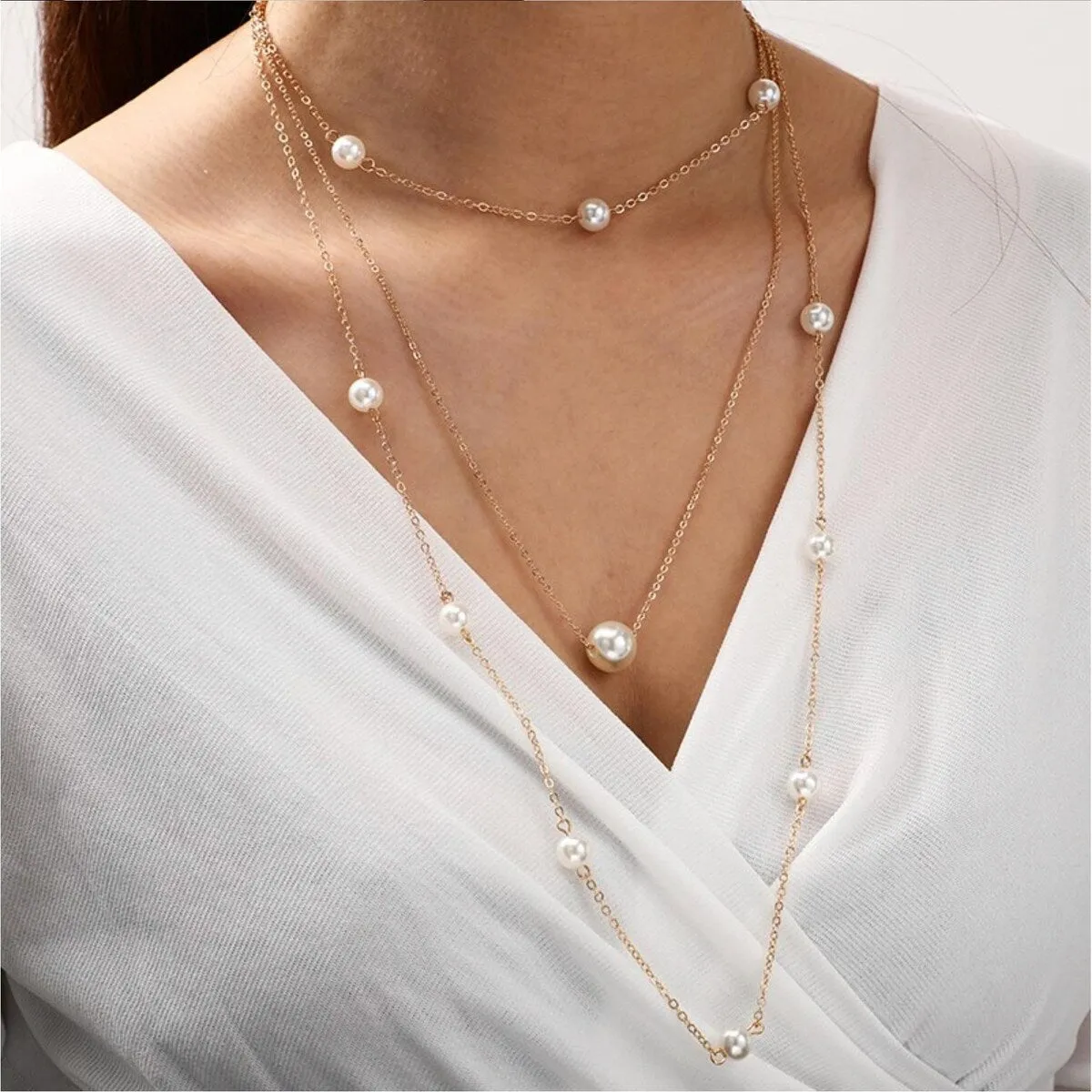Goldtone Imitation Pearl Station Chain Layered Necklace - White sold by Zulily