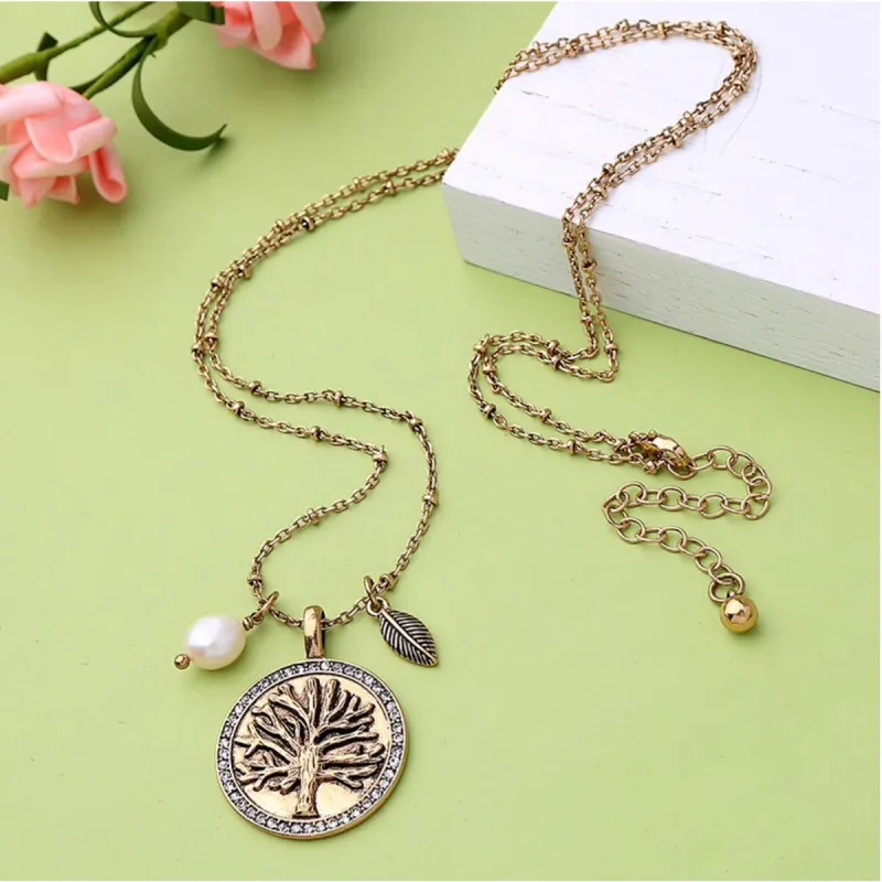 Brass Tree Of Life Necklace With Charms and Freshwater Pearl - White sold by Zulily