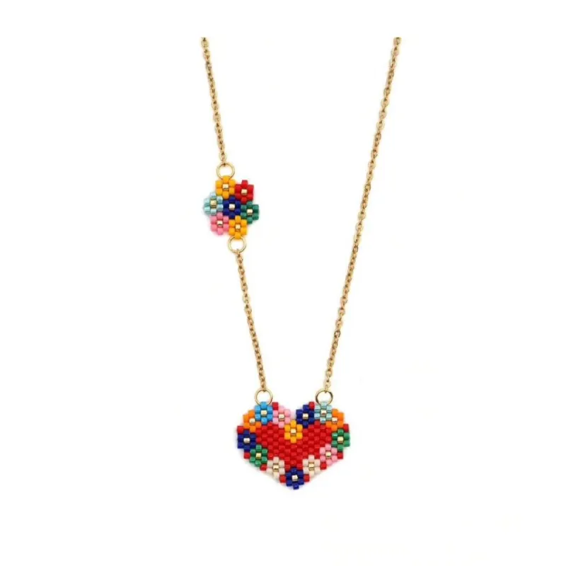Goldtone Beaded Multi Colored Flower And Heart Pendant Necklace - White sold by Zulily