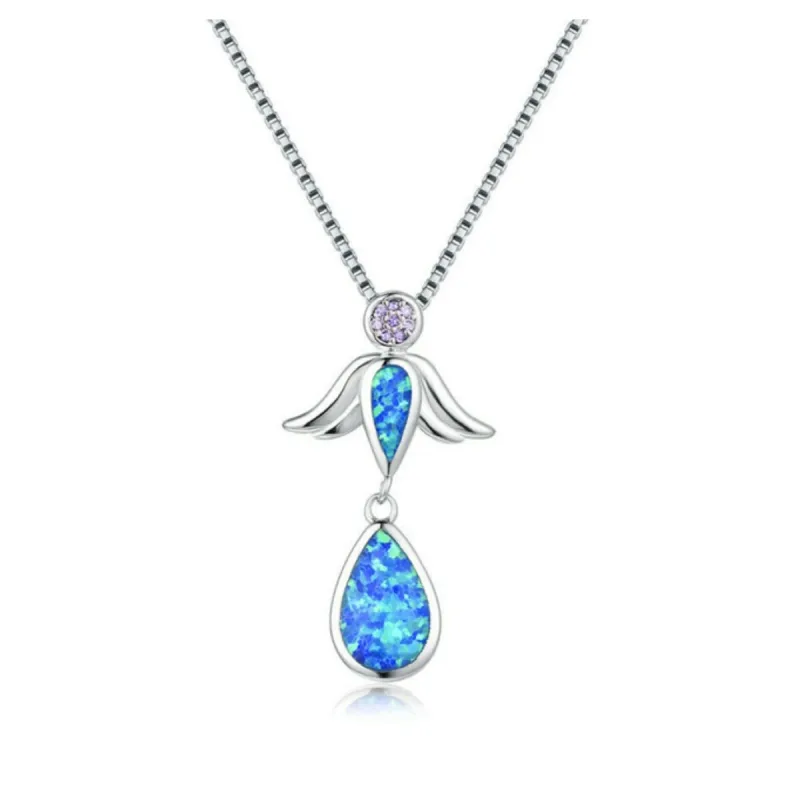 Sterling Silver & Blue Lab Opal Dual Teardrops Winged & Purple CZ Pendant Necklace - White sold by Zulily