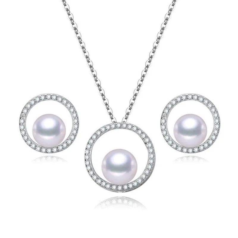 Sterling Silver Cubic Zirconia Open Circle Freshwater Pearl Necklace And Earring Set - White sold by Zulily