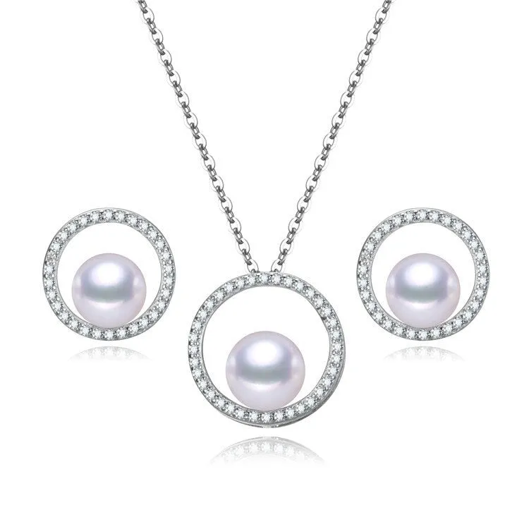 Sterling Silver Cubic Zirconia Open Circle Freshwater Pearl Necklace And Earring Set - White sold by Zulily