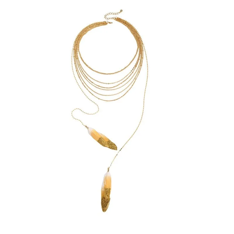 Goldtone Layered Necklace With Feathers - White sold by Zulily