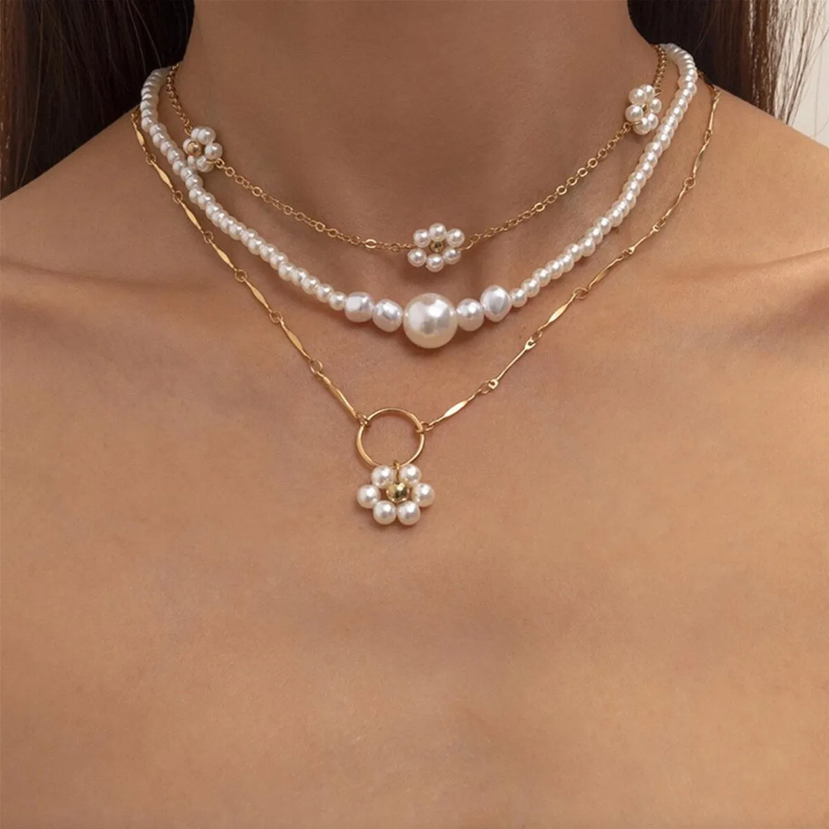 Goldtone Imitation Pearl Floral Layered Necklace - White sold by Zulily