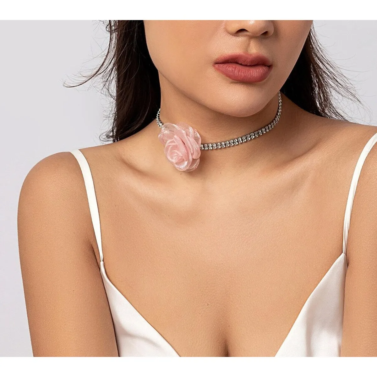 Pink and Silvertone Flower Choker Necklace - White sold by Zulily