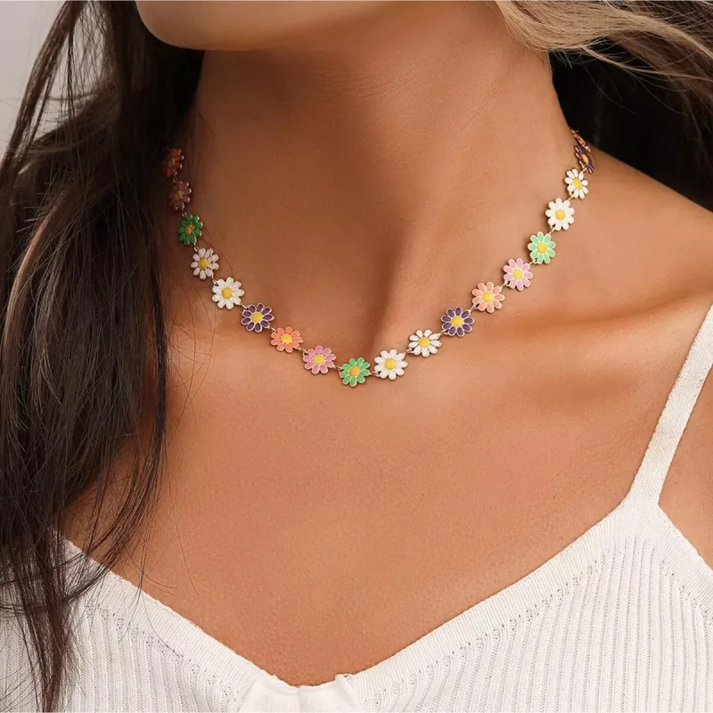 Muted Multi Colored Daisy Choker Necklace - White sold by Zulily