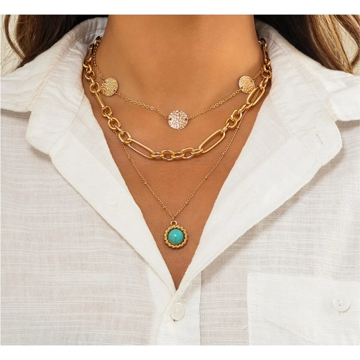 Goldtone Turquoise Circle Layered Necklace - White sold by Zulily