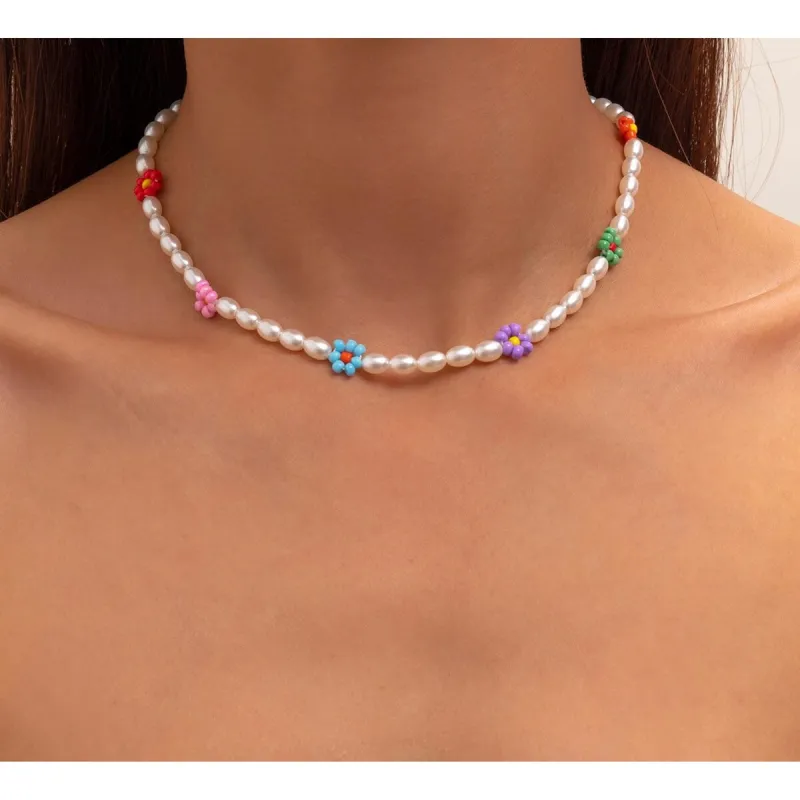 Imitation Pearl Multi Colored Beaded Flower Choker Necklace - White sold by Zulily