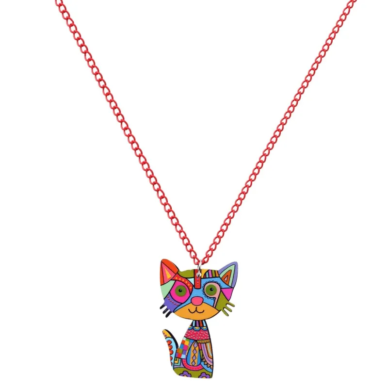 Red Multi Colored Mosaic Cat Pendant Necklace - White sold by Zulily