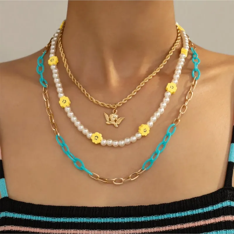 Goldtone Turquoise Chain Link And Pearl Layered Necklace - White sold by Zulily