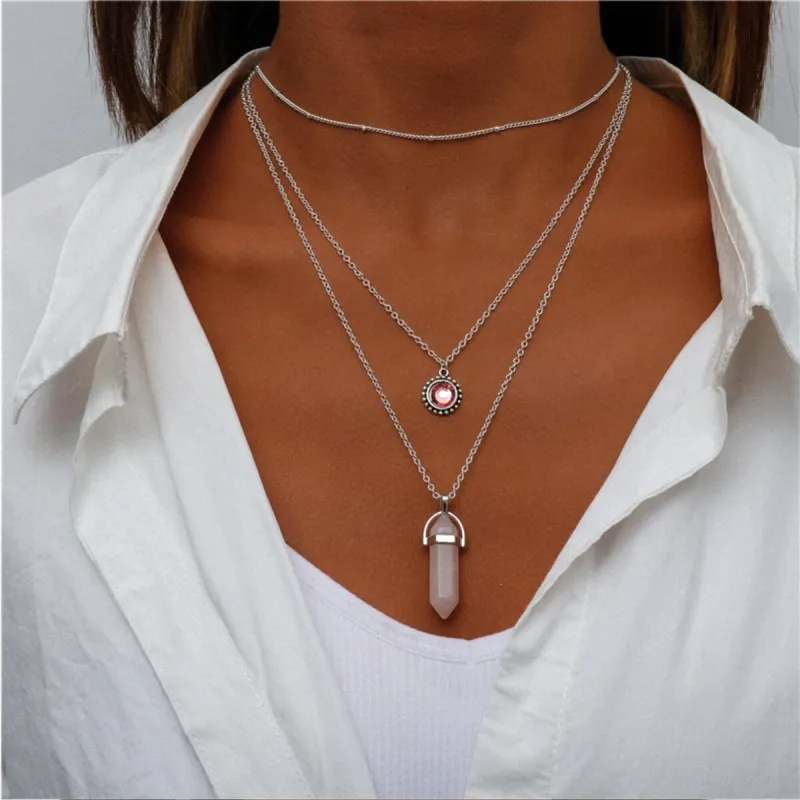 Silvertone Pink Layered Crystal And Prism Necklace - White sold by Zulily
