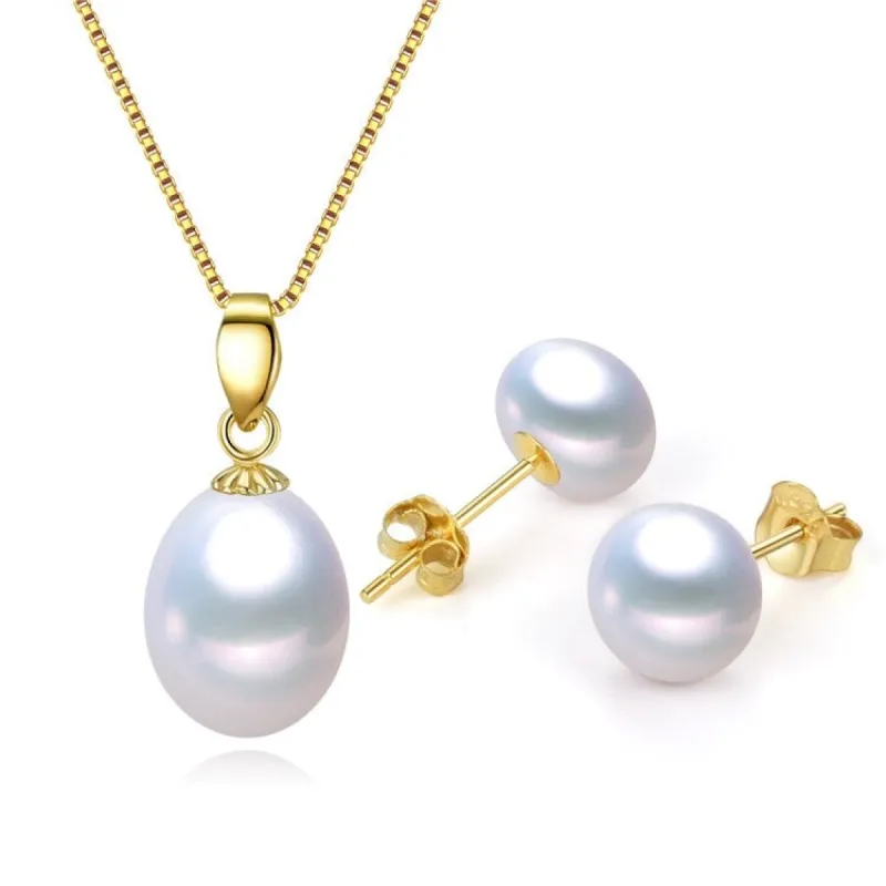 Gold Plated Sterling Silver Freshwater Pearl Pendant & Stud Earring Set - White made by Zulily