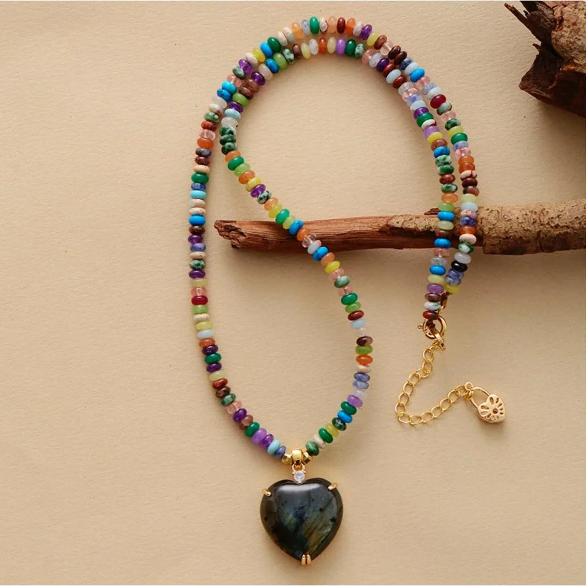 Natural Labradorite & Natural Jade Heart Pendant Necklace - White sold by Zulily product image thumbnail 2