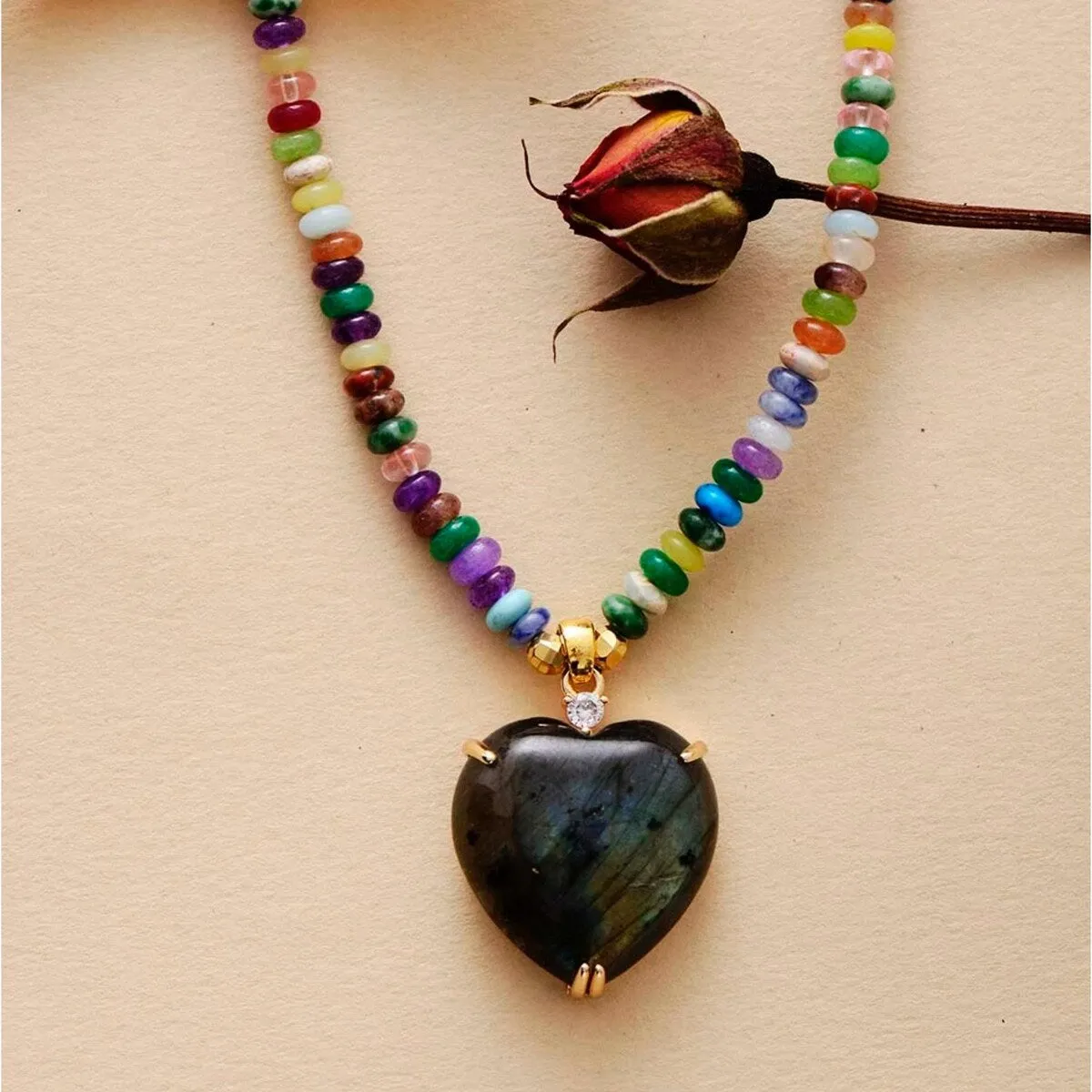 Natural Labradorite & Natural Jade Heart Pendant Necklace - White sold by Zulily