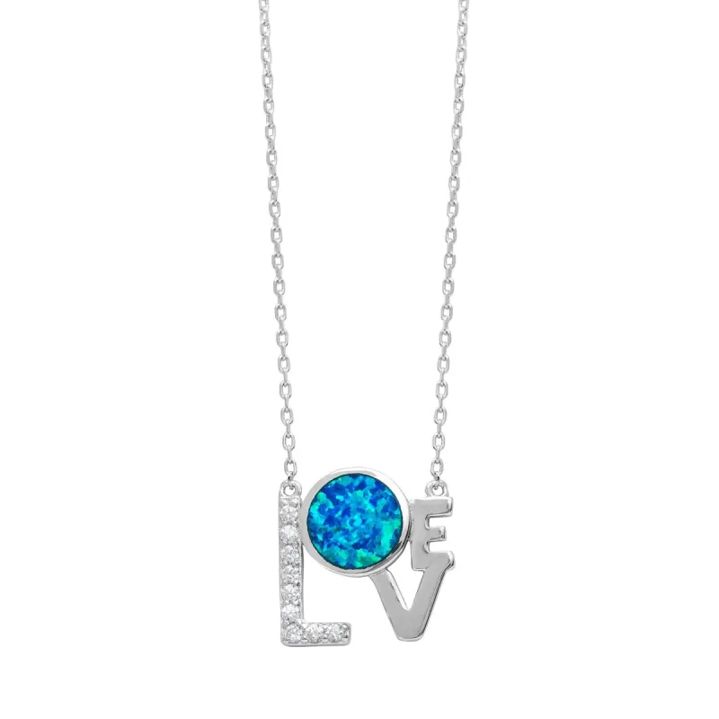 Sterling Silver Cubic Zirconia Blue Lab Opal Love Necklace - White sold by Zulily