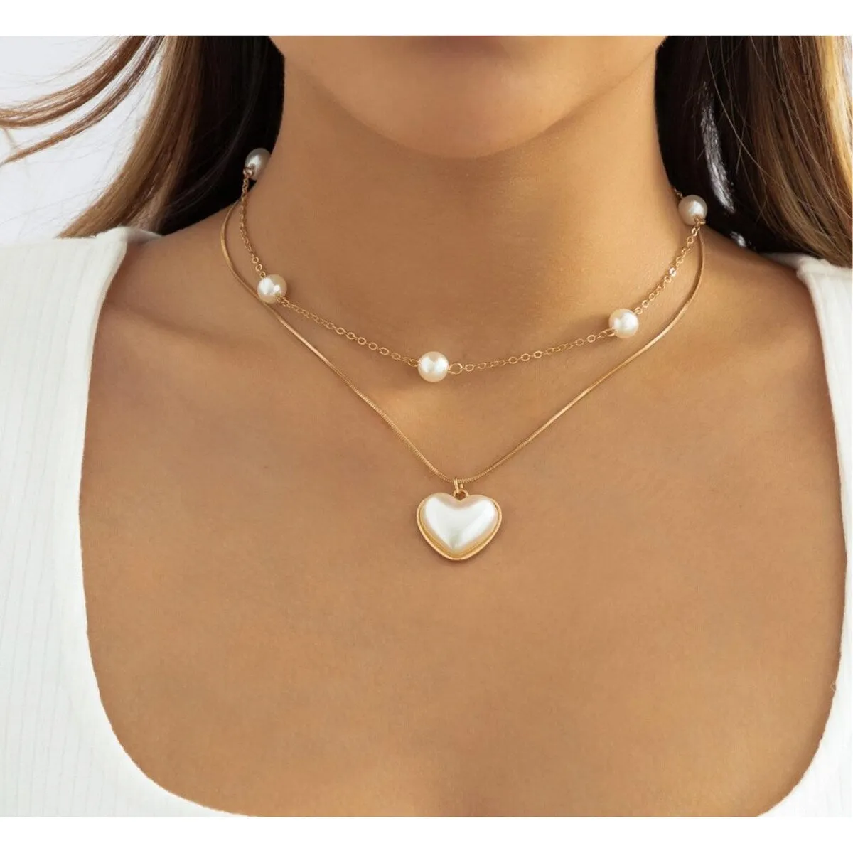 Goldtone Imitation Pearl Layered Heart Necklace - White sold by Zulily