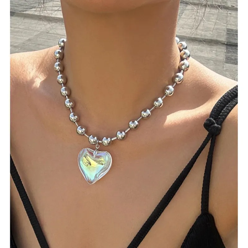 Silvertone Ball Chain & Green Iridescent Crystal Heart Pendant - White sold by Zulily