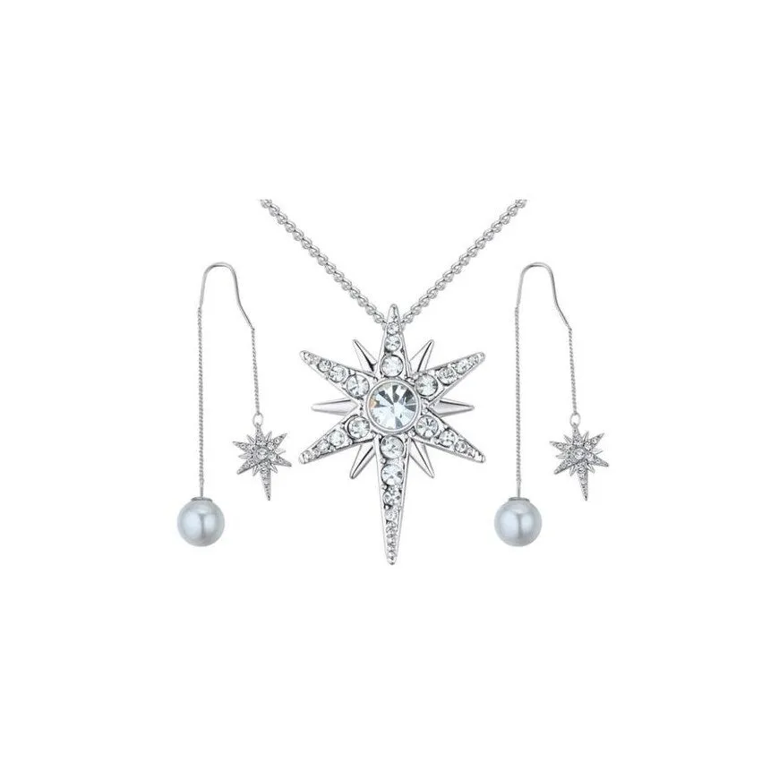 Silvertone North Star Necklace Earrings Set With Swarovski Crystals - White sold by Zulily