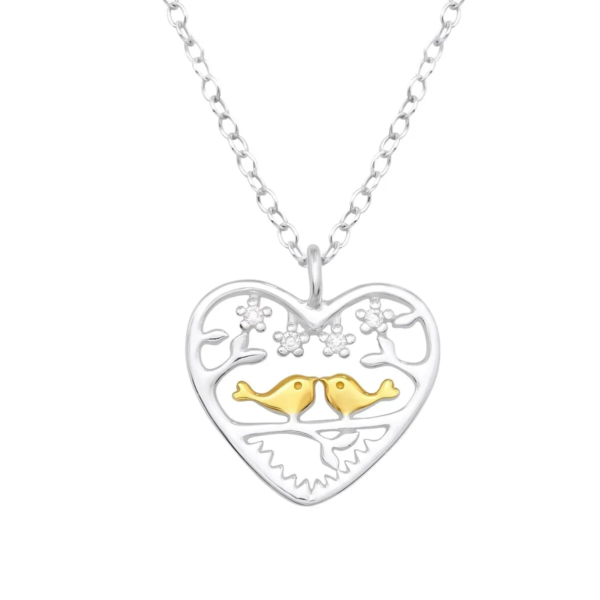 Sterling Silver and 18kt Gold Plated Love Bird Heart Pendant Necklace with CZ - White sold by Zulily