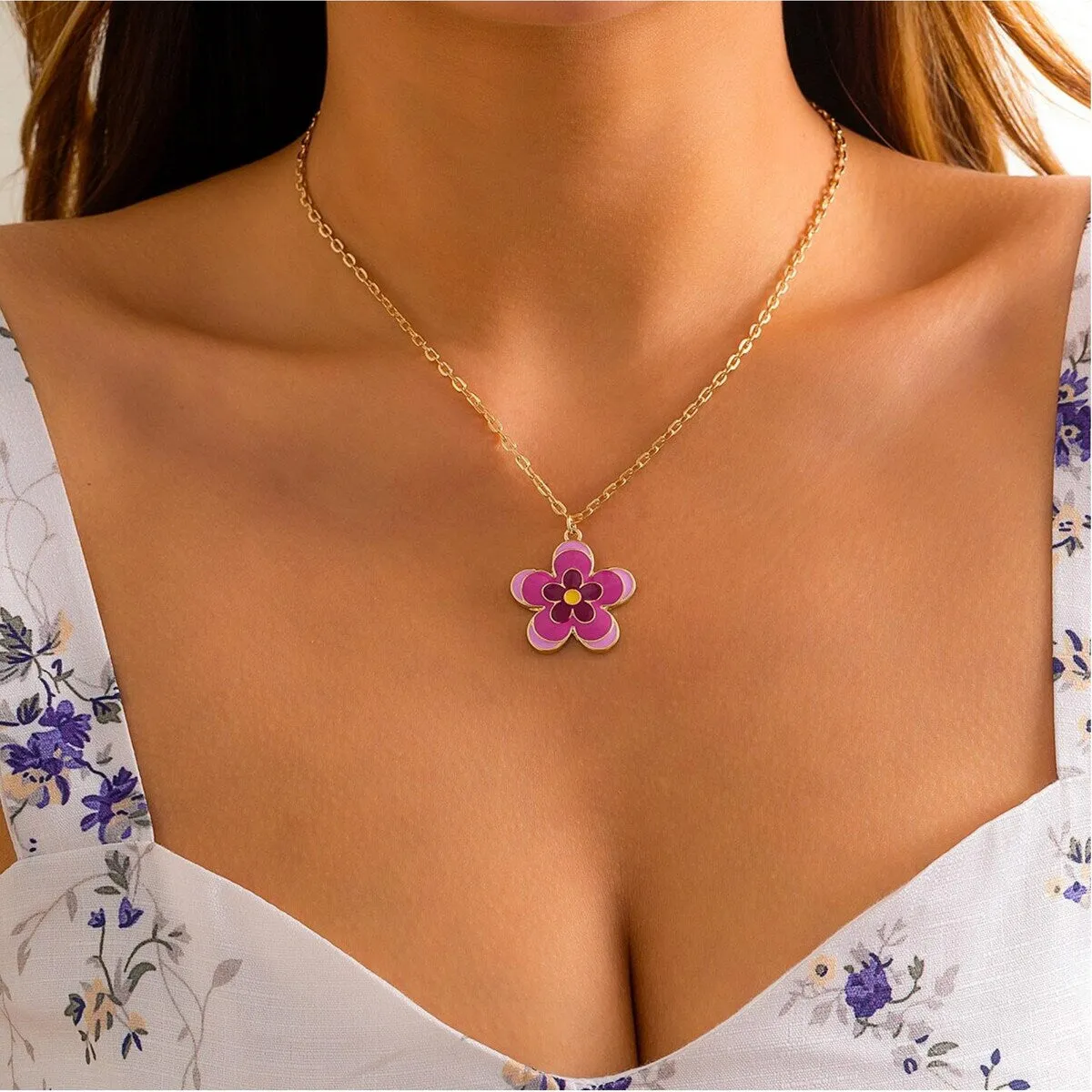 Goldtone Fuchsia Purple Flower Pendant Necklace - White sold by Zulily