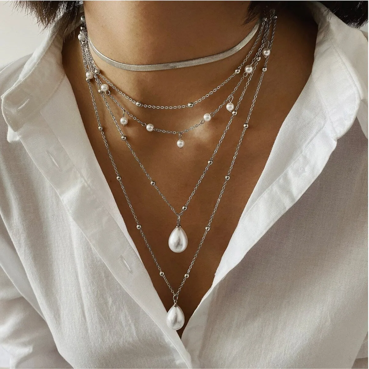 Silvertone Imitation Pearl Layered Necklace - White sold by Zulily