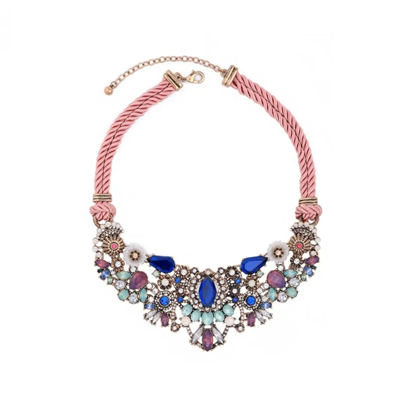 Pink Cord Blue Crystal Statement Necklace - White sold by Zulily
