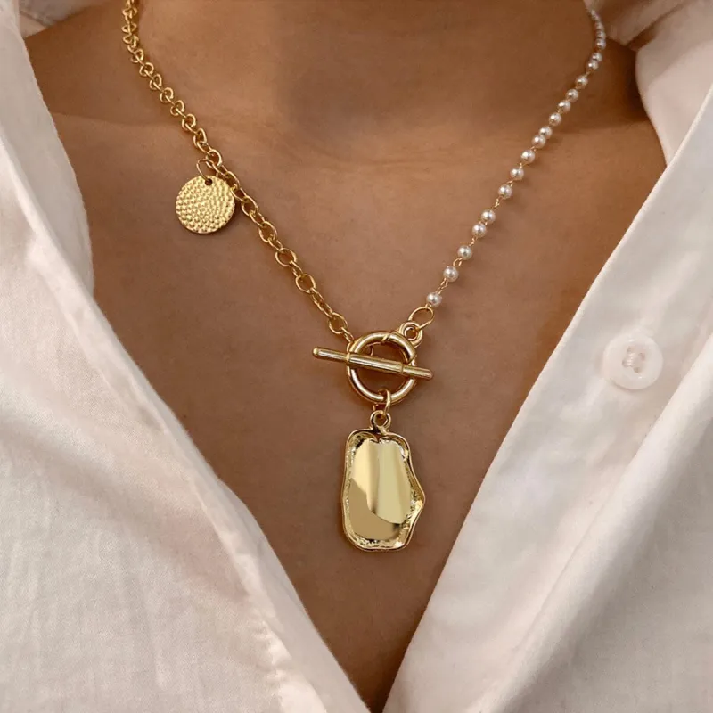 Goldtone Geometric Imitation Pearl Toggle Necklace - White sold by Zulily