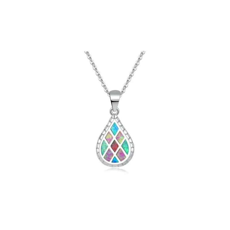 Sterling Silver Multi Colored Opal Teardrop Pendant Necklace - White sold by Zulily