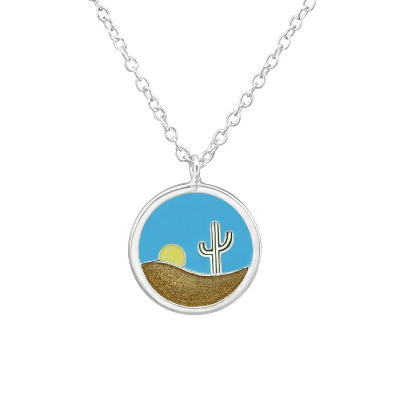Sterling Silver Blue Desert Cactus Circular Pendant Necklace - White sold by Zulily