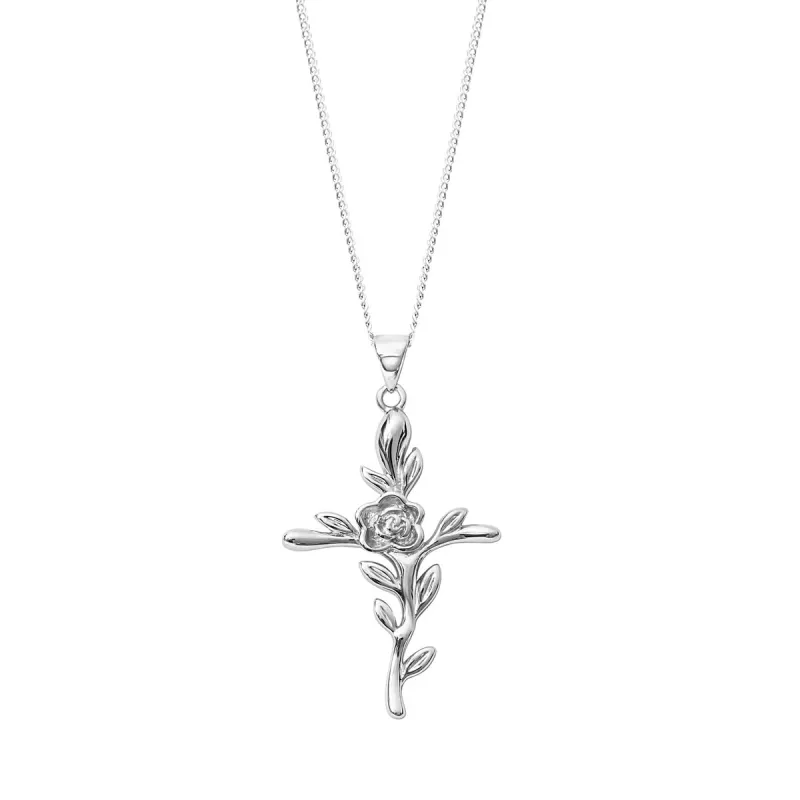 Sterling Silver Cross & Rose Pendant Necklace - White sold by Zulily