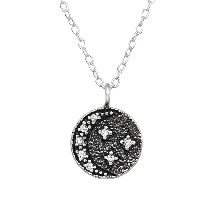 Sterling Silver Oxidized Starry Night Round Pendant Necklace - White sold by Zulily