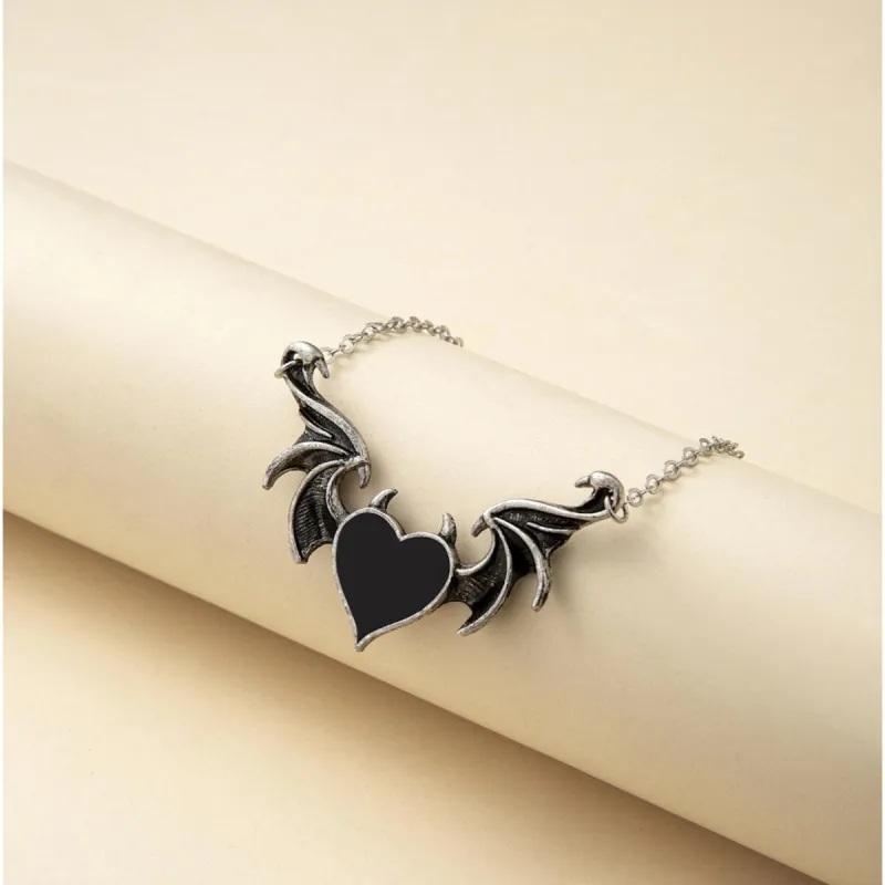Silvertone Black Winged Heart Pendant Necklace - White sold by Zulily
