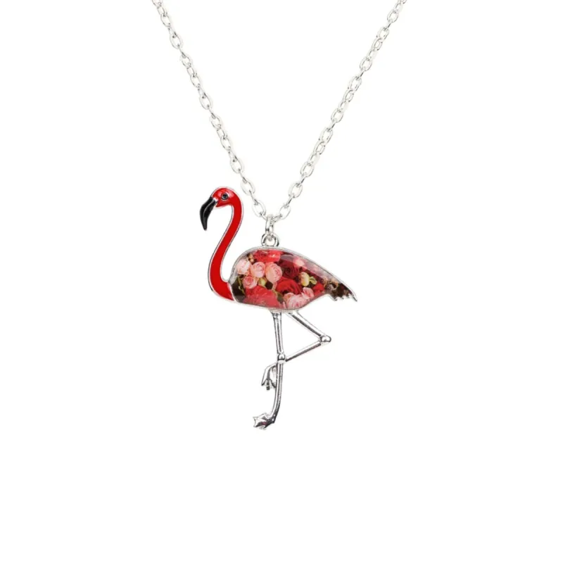 Red Floral Flamingo Pendant Necklace - White sold by Zulily