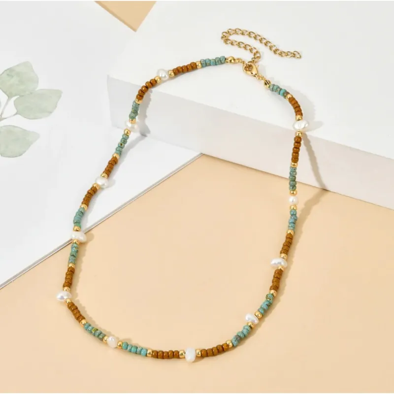 Goldtone Miyuki Seed Bead & Freshwater Necklace In Brown And Turquoise - White made by Zulily
