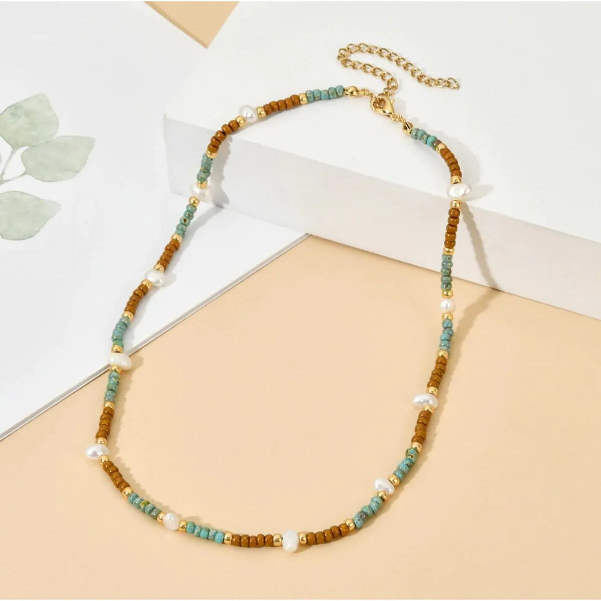 Goldtone Miyuki Seed Bead & Freshwater Necklace In Brown And Turquoise - White sold by Zulily