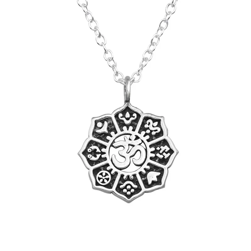 Sterling Silver Oxidized Zodiac Ohm Lotus Pendant Necklace - Ag Sterling - White made by Zulily