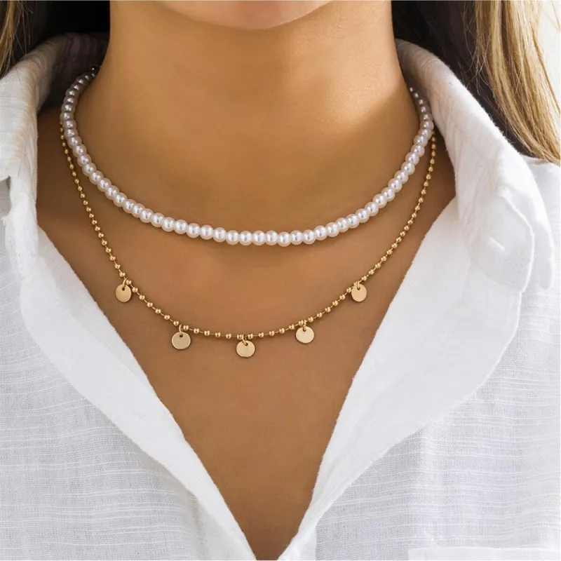 Goldtone Disc & Faux Pearl Layered Necklace - White sold by Zulily