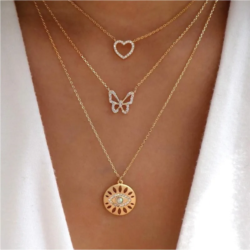 Goldtone Crystal Heart And Butterfly Layered Necklace - White sold by Zulily