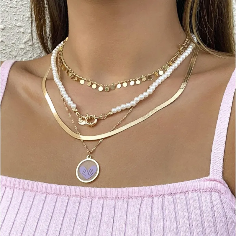 Goldtone Imitation Pearl Layered Necklace With Purple Heart - White sold by Zulily
