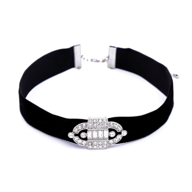 Black Velvet Choker With Crystal Oval - White sold by Zulily