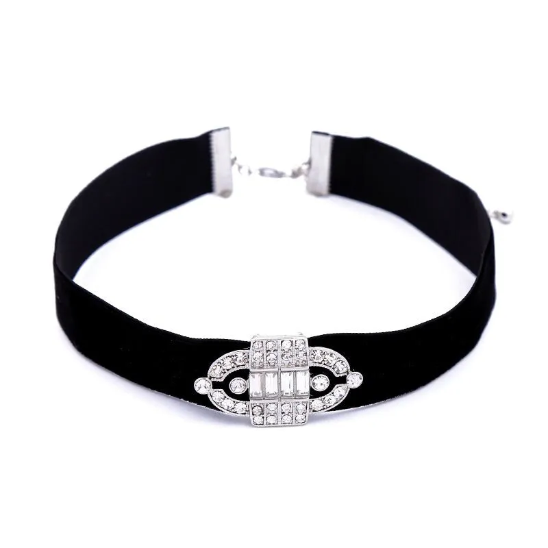 Black Velvet Choker With Crystal Oval - White sold by Zulily