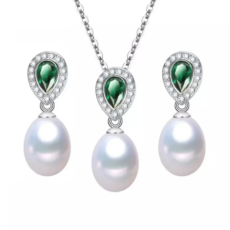 Green Cubic Zirconia & Freshwater Pearl Pendant Necklace Set - White sold by Zulily