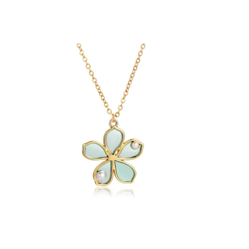 Green Flower Pendant Necklace With Imitation Pearl - White sold by Zulily