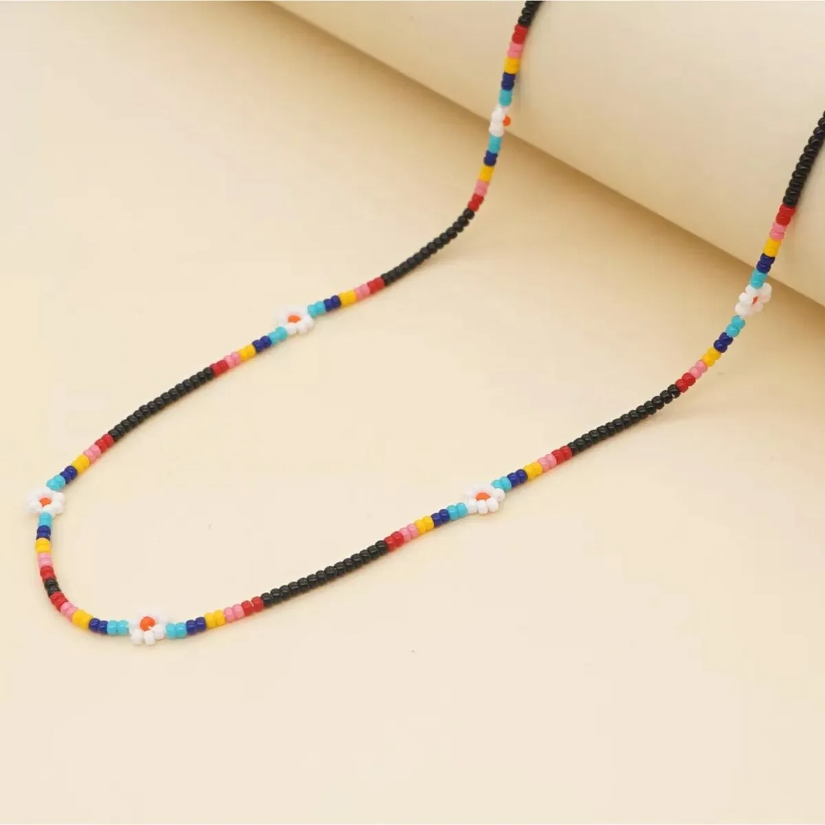 Multi Coloured & Black Beaded Necklace With Daisies - White sold by Zulily product image thumbnail 2